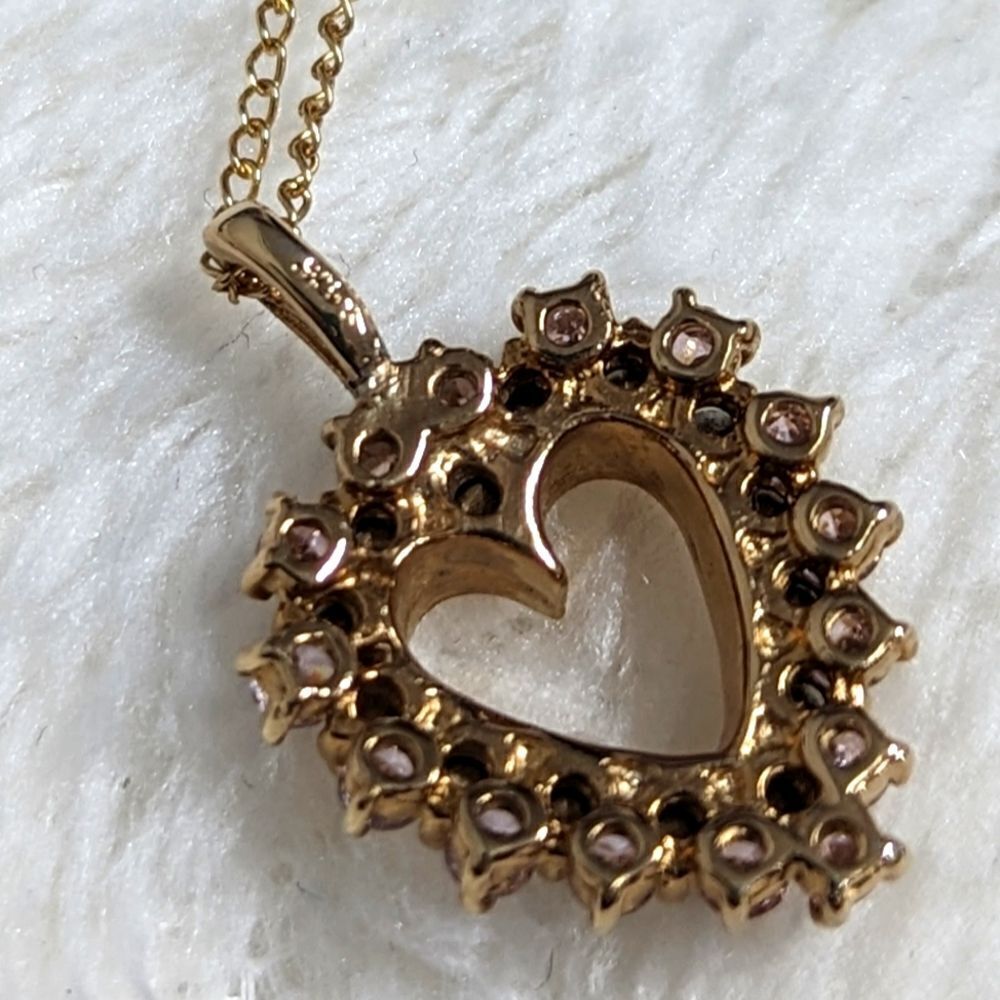 Heart Shaped Pendant w/ Clear & Pale Pink CZ's - Gold over Sterling Silver - Picture 6 of 14
